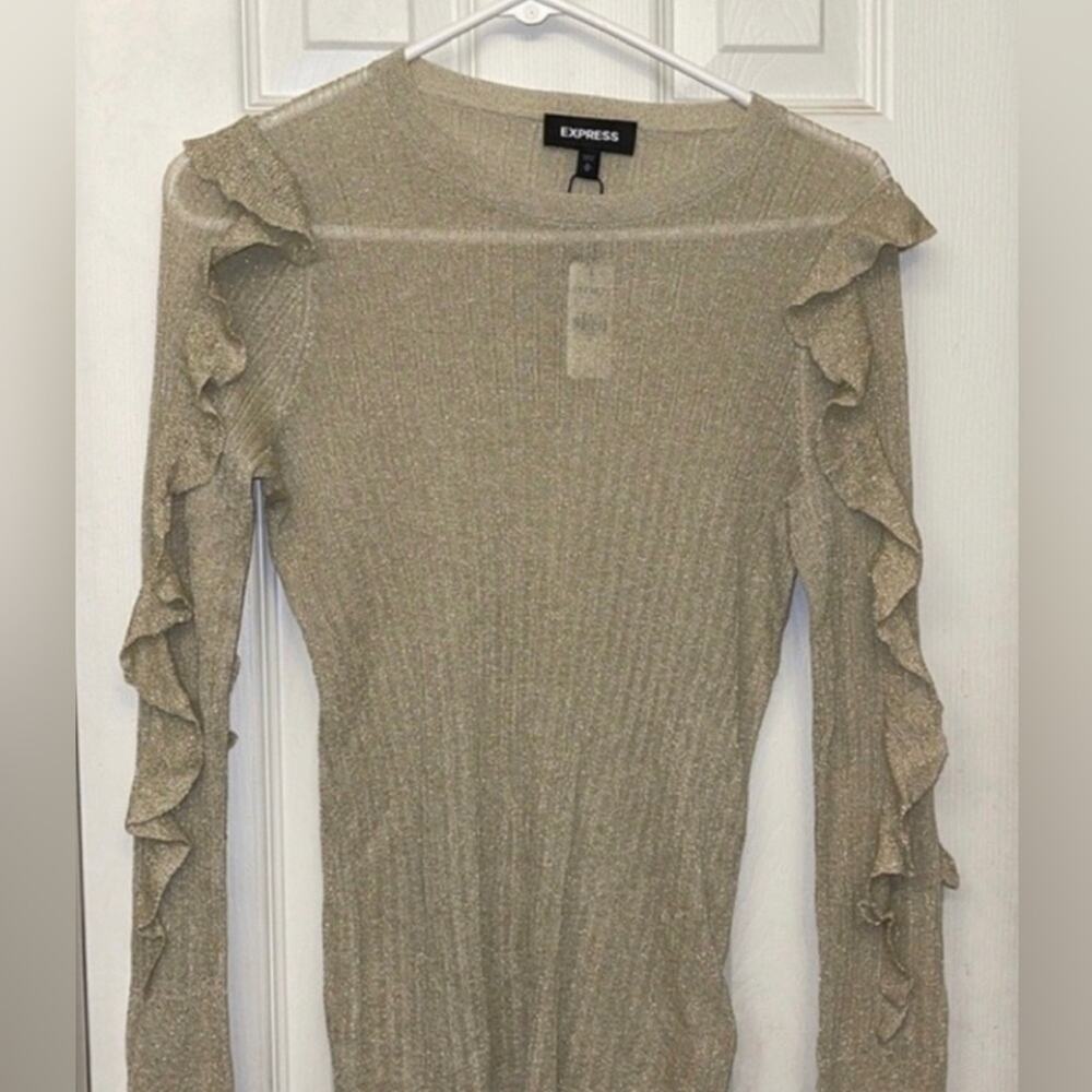 Express Metallic Ruffle Gold Ribbed Semi Sheer lightweight Sweater size Medium - Picture 2 of 8